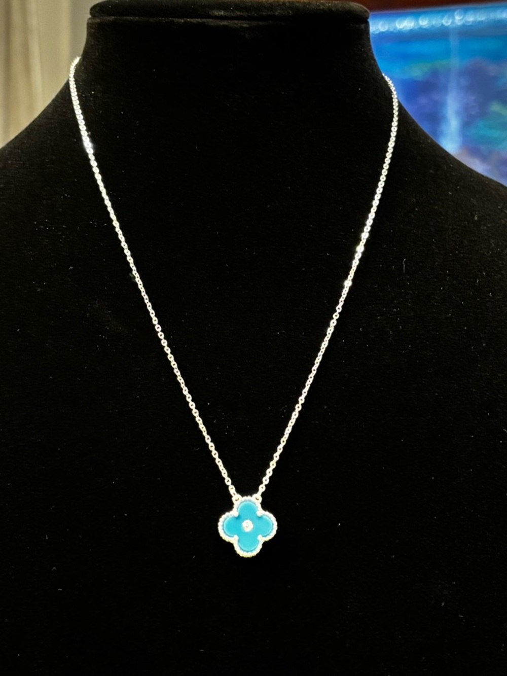 Sterling Silver 925 Blue Clover Pendant Necklace Cable Chain Spring Ring 18-20in
